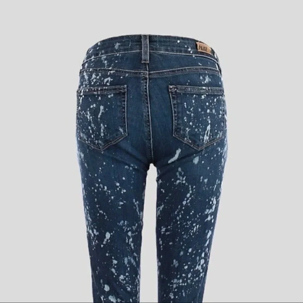 Paige Edgemont Acid Paint Splatter Moto Zip Distressed Skinny Jeans 25 Low Rise